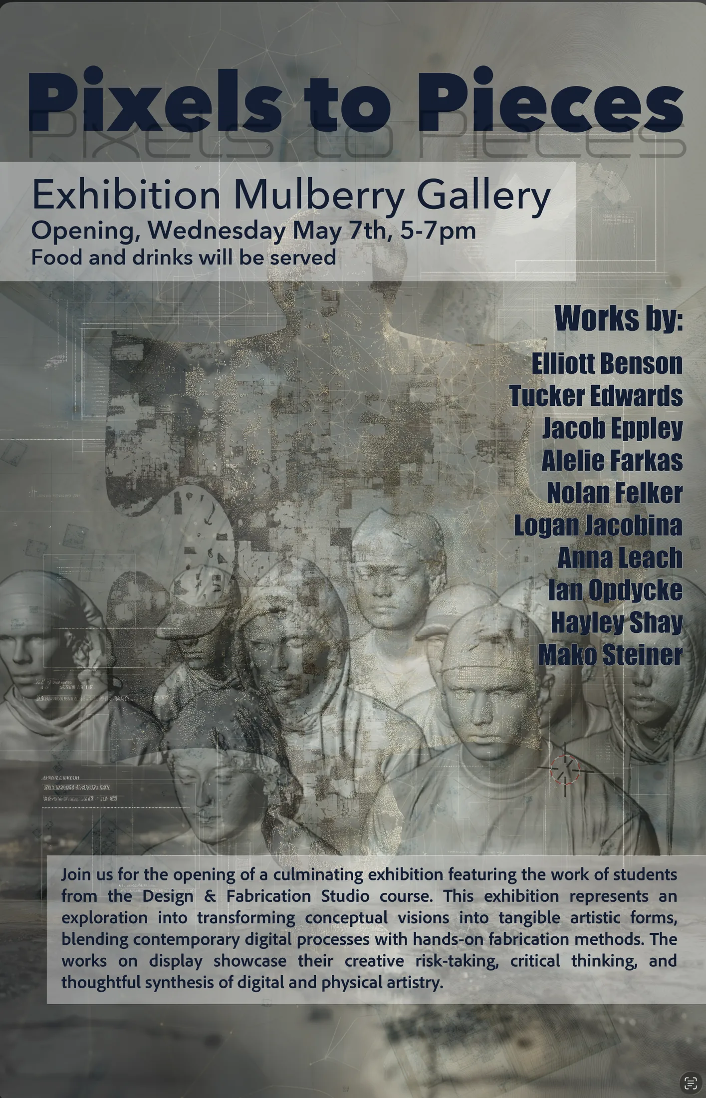 Pixels to Pieces exhibition poster.