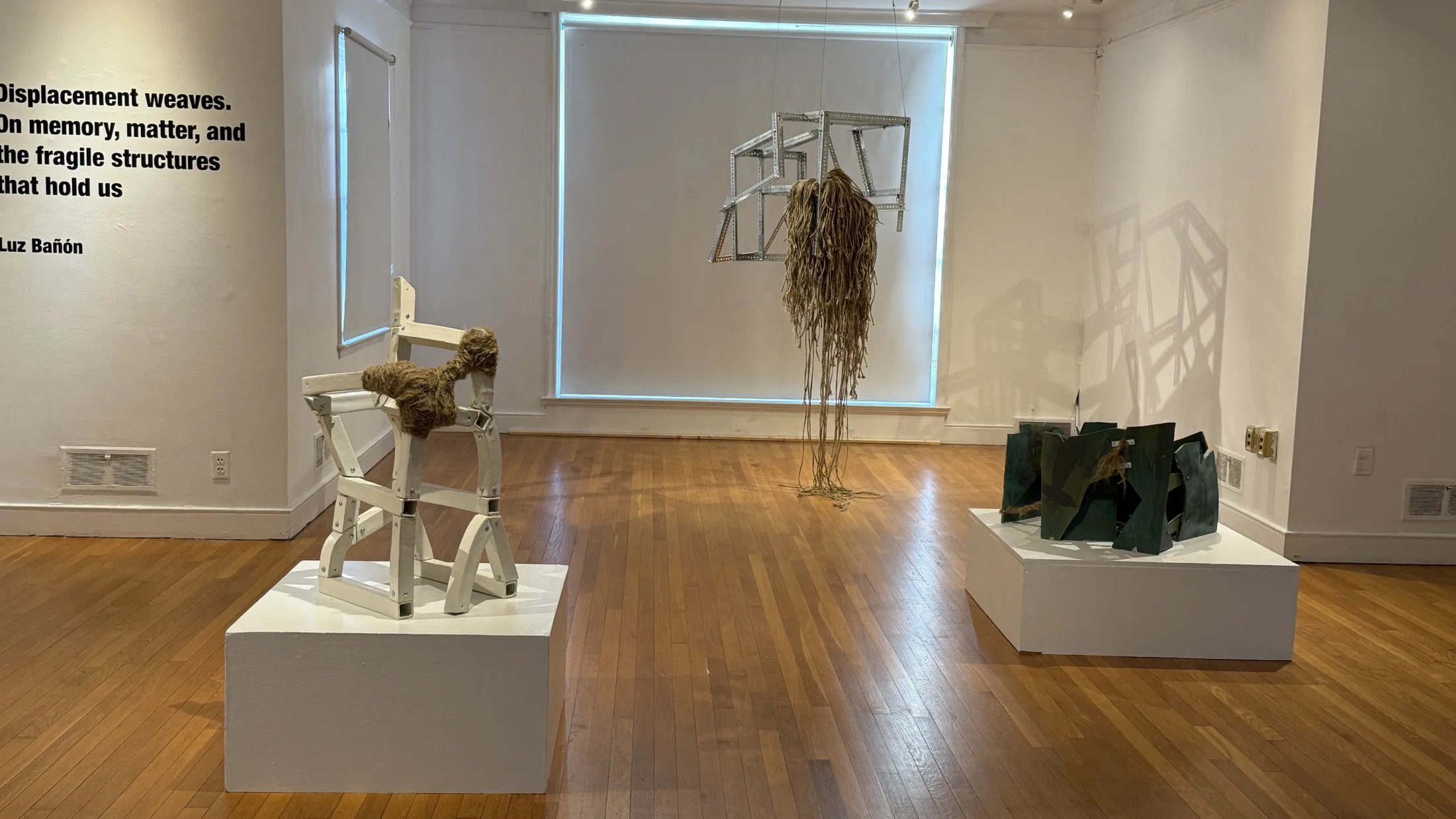Installation view of sculptural works in Displacement Weaves.