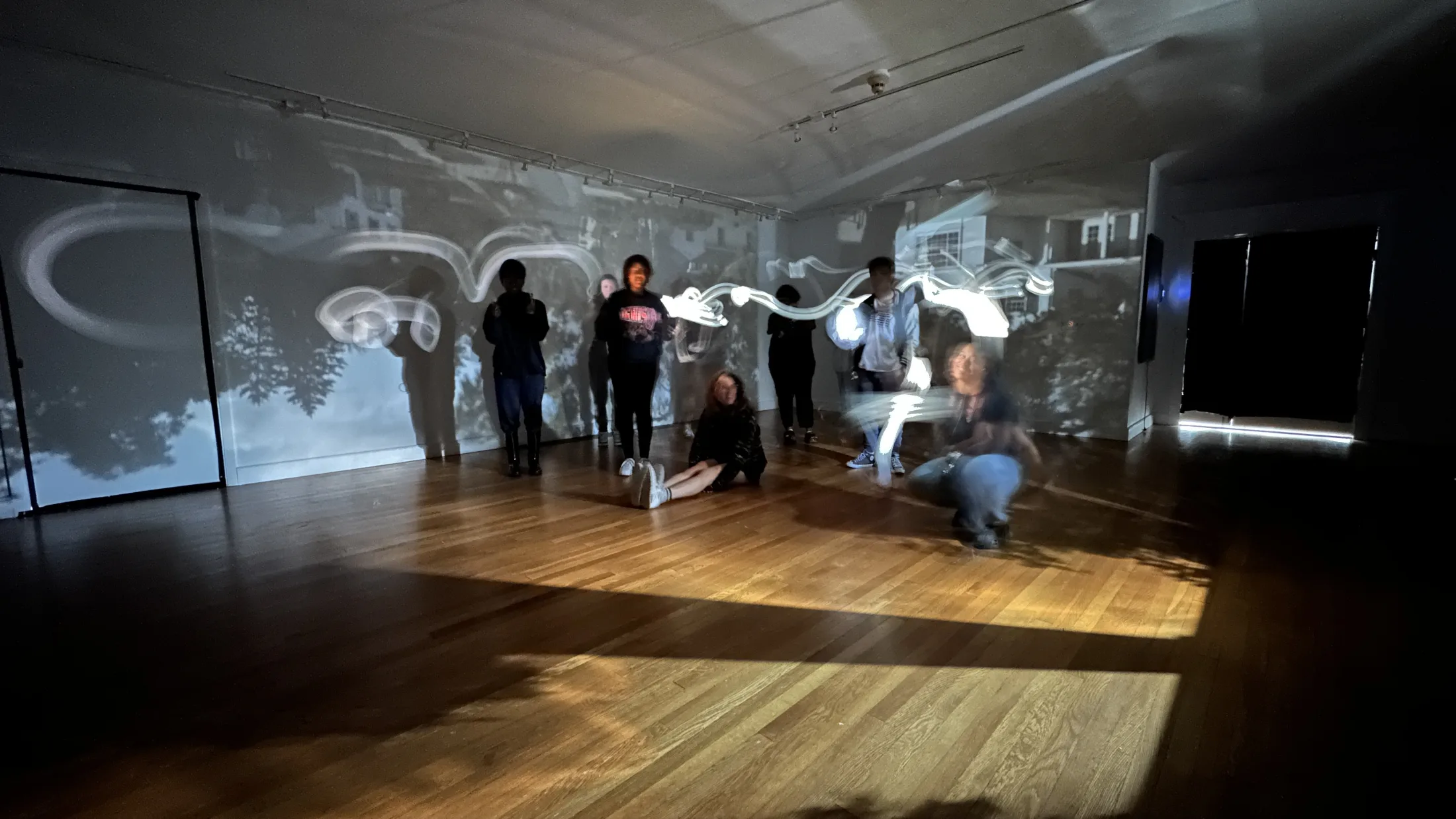 Visitors making light drawings inside the Camera Obscura installation.
